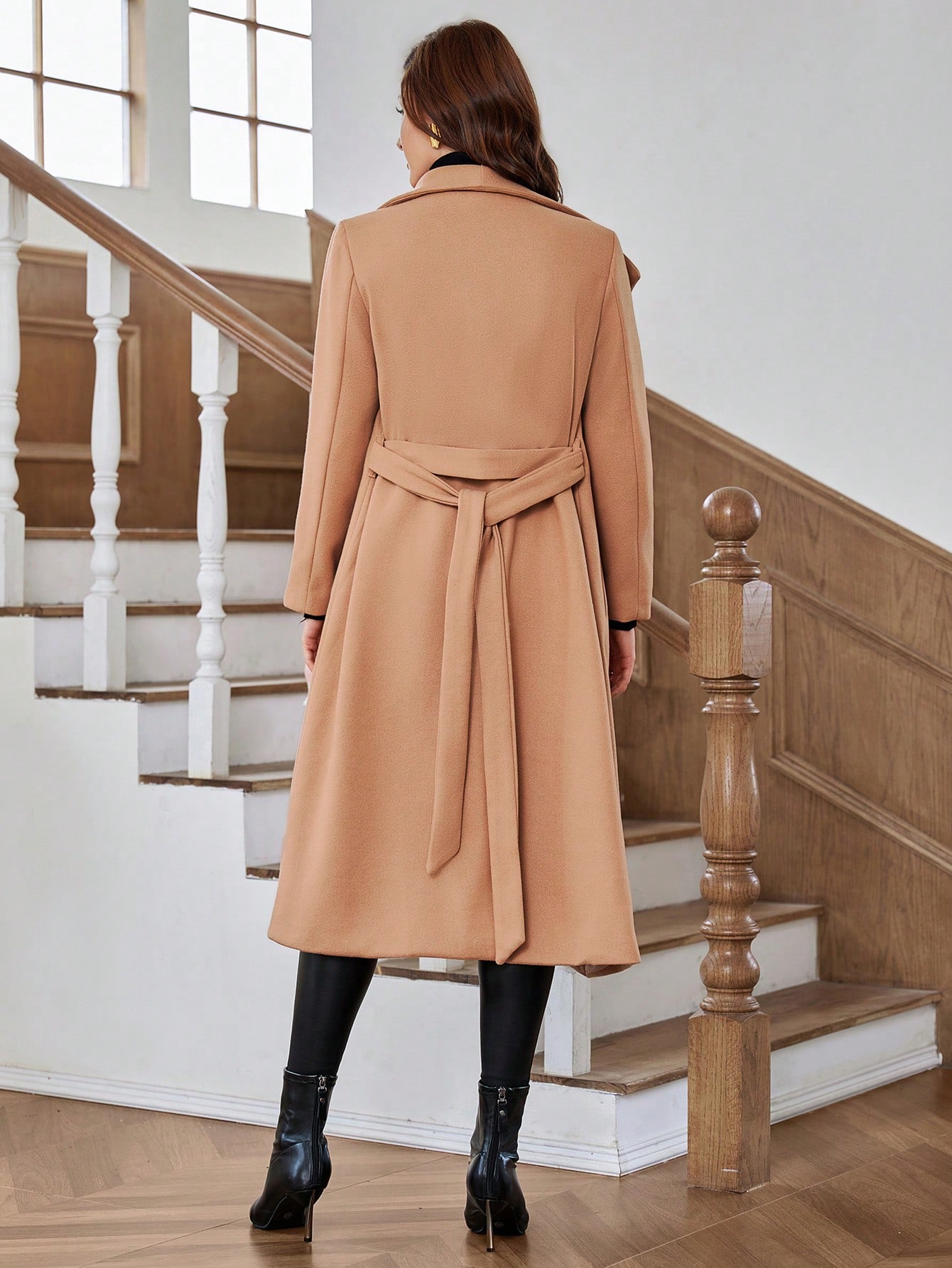 Waterfall Collar Slant Pocket Belted Overcoat